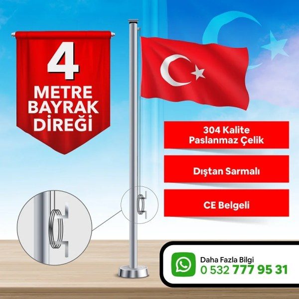 4 Metre Paslanmaz Krom Ekonomik Bayrak Direği