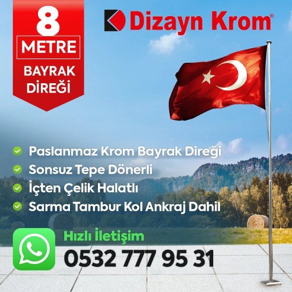 8 Metre Paslanmaz Krom Profesyonel Bayrak Direği